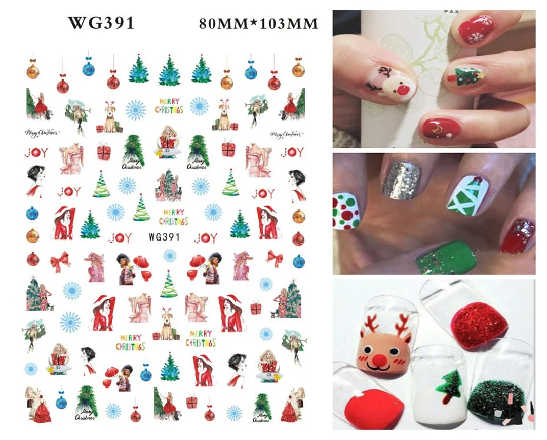 Merry Christmas 3D Nails Sticker Winter Cute Cartoon Sliders Snowflake Elk Xmas Tree Decal UV Gel Polisn Manicures Foils Decor-Nail Inspo