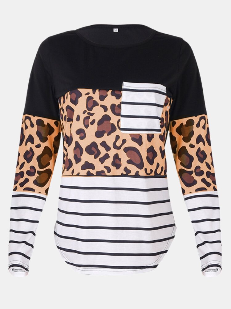 Leopard Striped Print Patchwork O neck Long Sleeve Casual T Shirt With Pocket P1804509