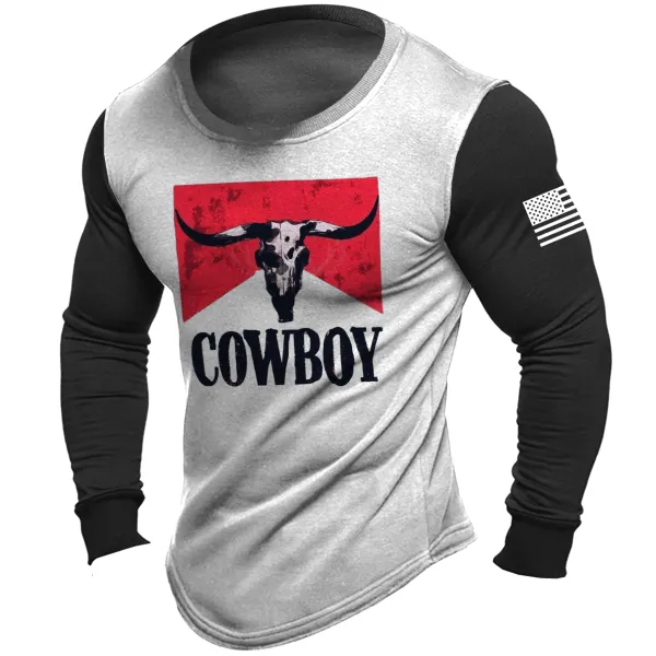 Western Cow Boy Color Contrast Long Sleeve T Shirt