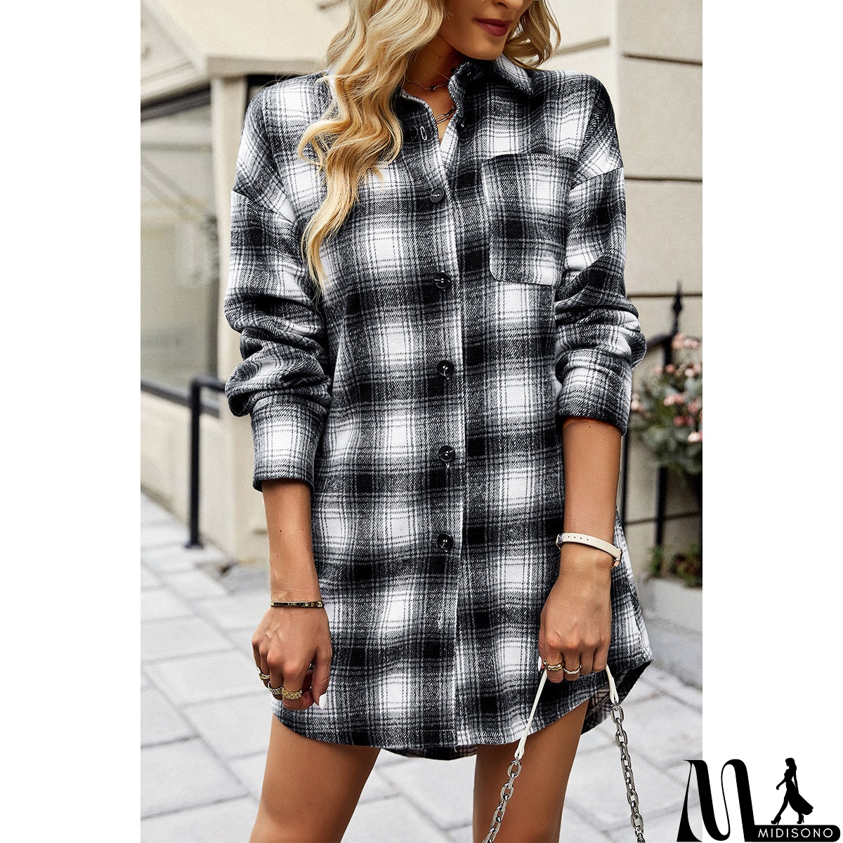 MidiSono - Plaid Front Open Button Blouse Pocket Coat
