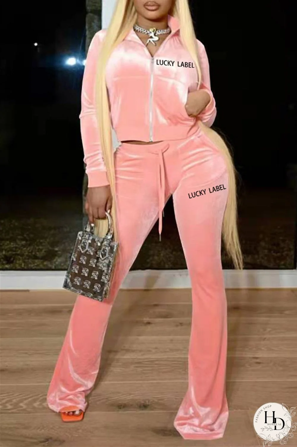 Pink Fashion Casual Letter Embroidery Solid Color Zipper Collar Long Sleeve Two Pieces