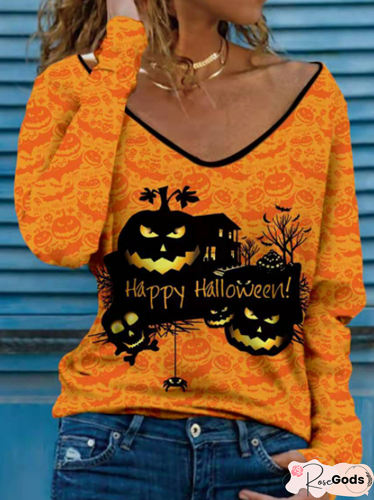 Halloween Pumpkin Print Loose V-Neck Long Sleeve T-Shirt