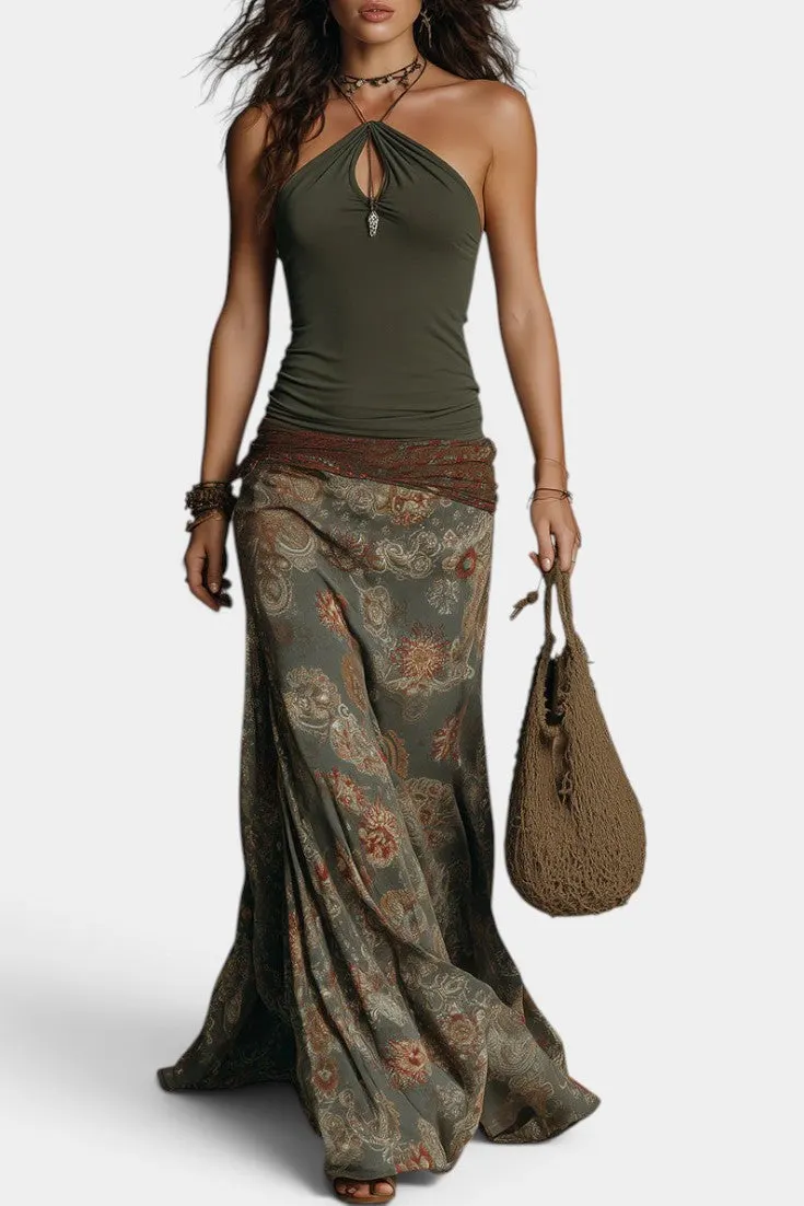 Halter Neck Top with Floral Maxi Skirt Set