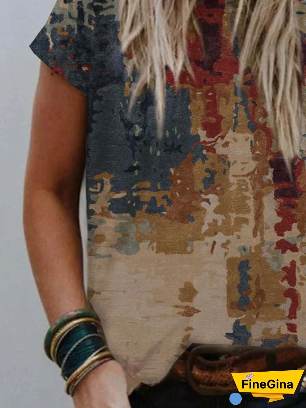 Geometric Short Sleeve Printed Cotton-blend Crew Neck Casual Summer Top