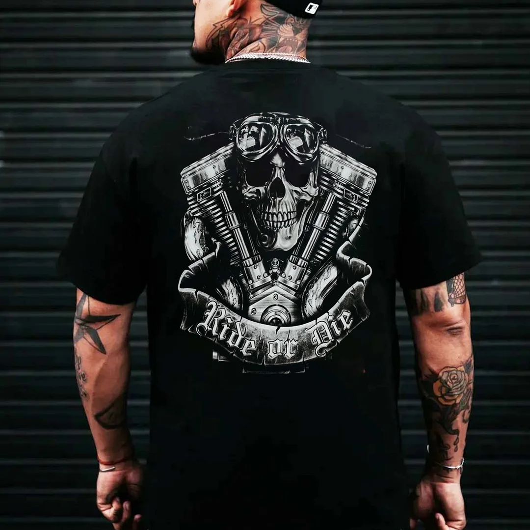 RIDE OR DIE Skull Engine Print Men's T-shirt