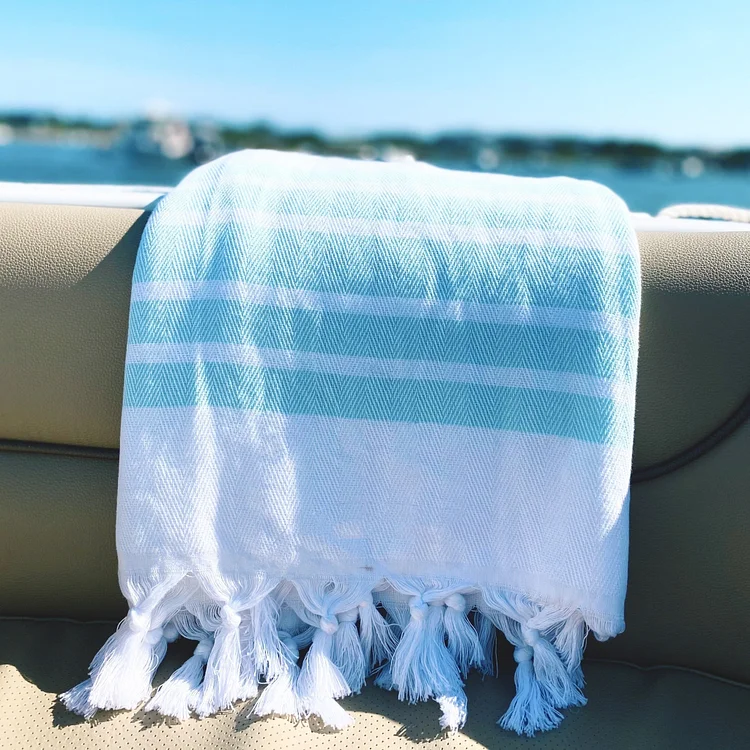 Mint & White Herringbone Peshtemal Beach Towel
