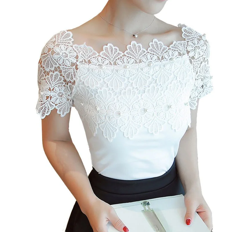Fashion Elegant Hollow Out Casual Women Top Women Short Sleeve White Blouse Ladies Blouses Sexy Women Lace Stitching Shirt 80F