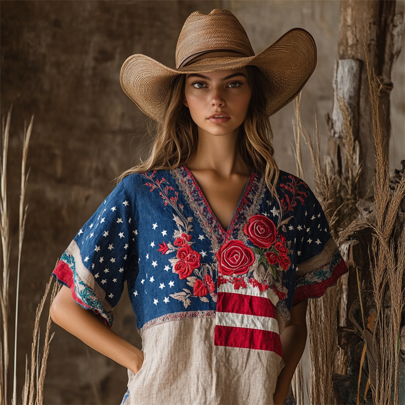Comstylish Vintage Roses Embroidered American Flag Patchwork Linen Shirt