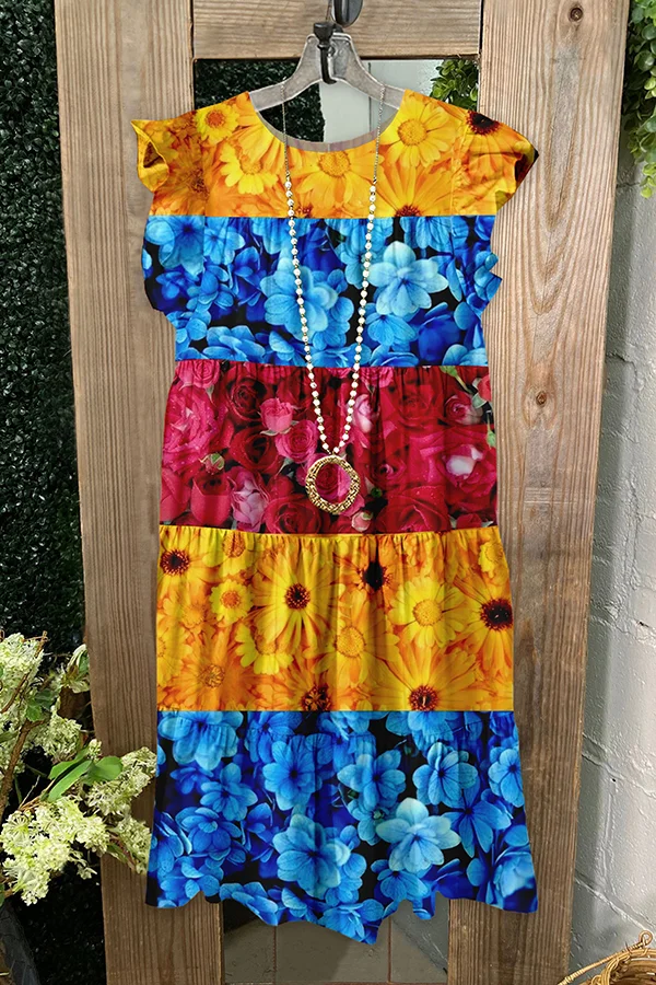 Pretty   Rainbow Stripe Print Ruffle Dress