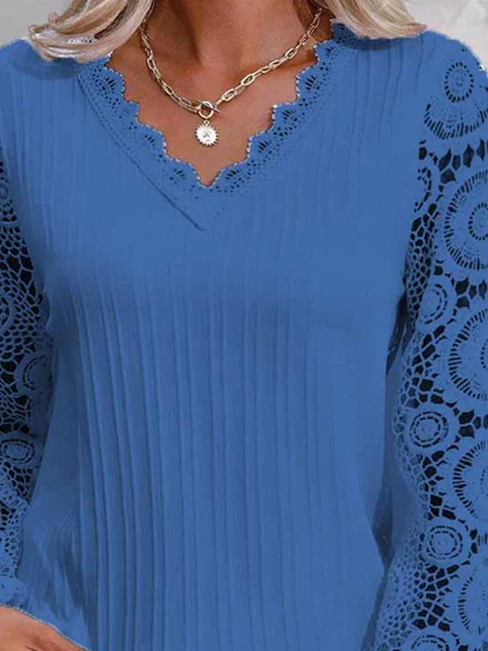 Women Long Sleeve V-neck Solid Lace Tops