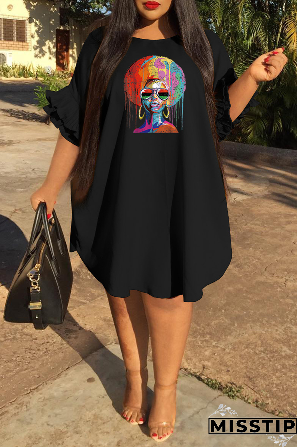 Pink Fashion Print Flounce O Neck Straight Plus Size Dresses