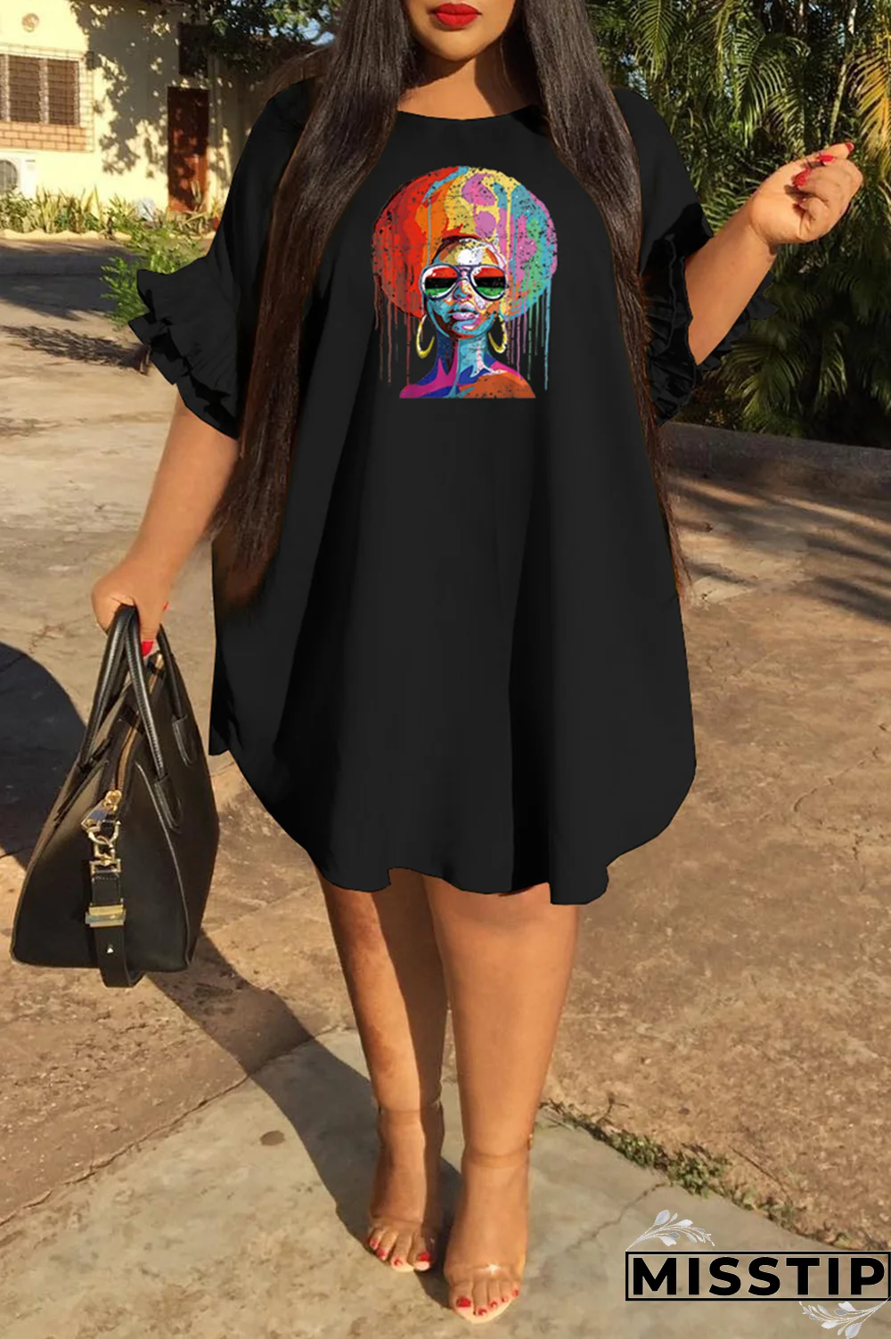 Pink Fashion Print Flounce O Neck Straight Plus Size Dresses