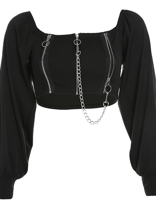 Dark Girl Vintage Zipper Chain-trimmed Solid Color Square Collar Long Sleeve Crop Top
