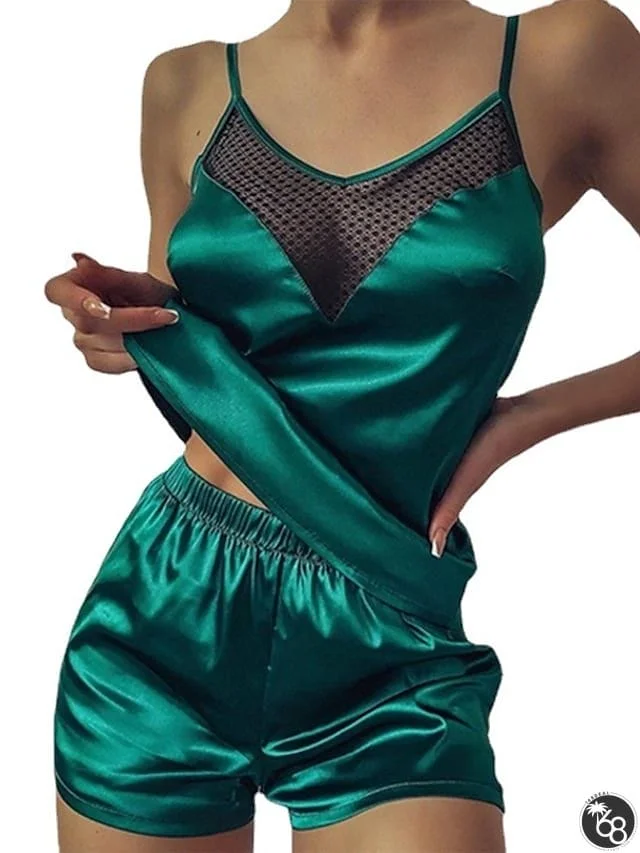 Women's Pajamas Sets Nighty Pjs 2 Pieces Pure Color Fashion Simple Comfort Home Daily Bed Satin Breathable Gift V Wire Sleeveless Shorts Backless Spring Summer Green Purple / Silk | 168DEAL