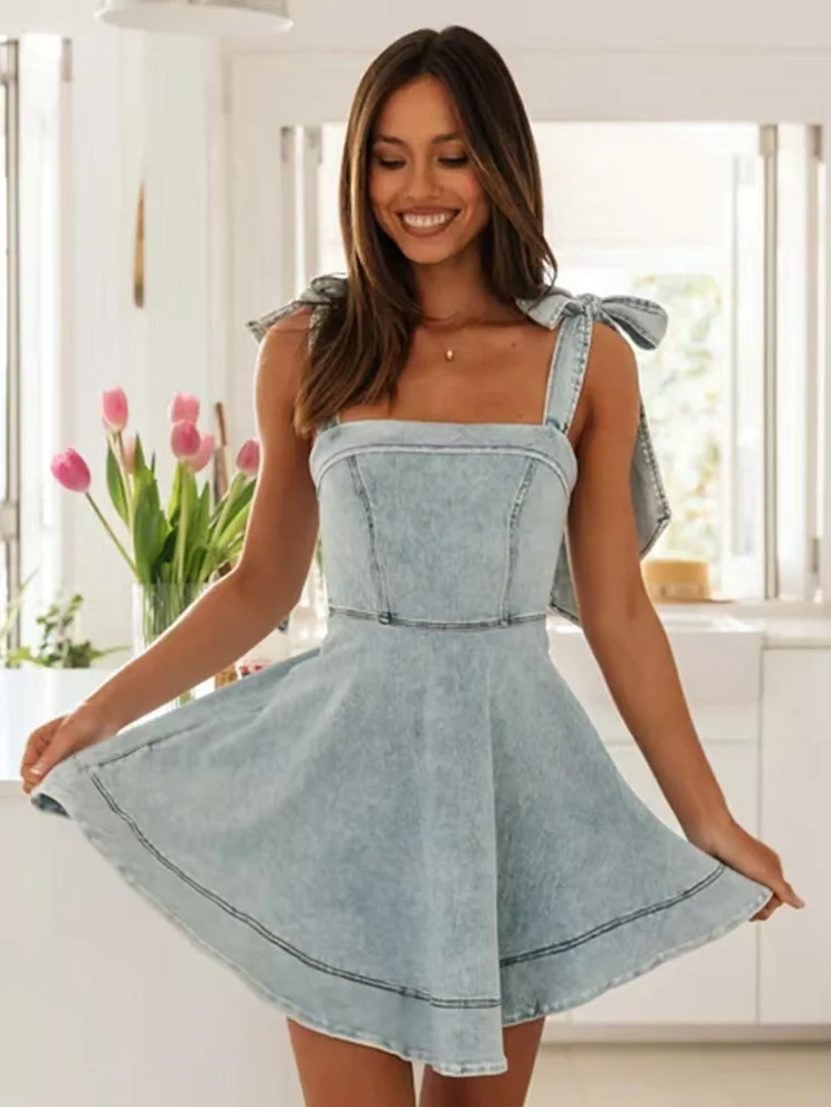 Women's Distressed Denim Dress With Square Neck & Tie Waist - 2025 Summer Mid-Length Machine-Washable Casual Elegant Dress For Spring/Summer