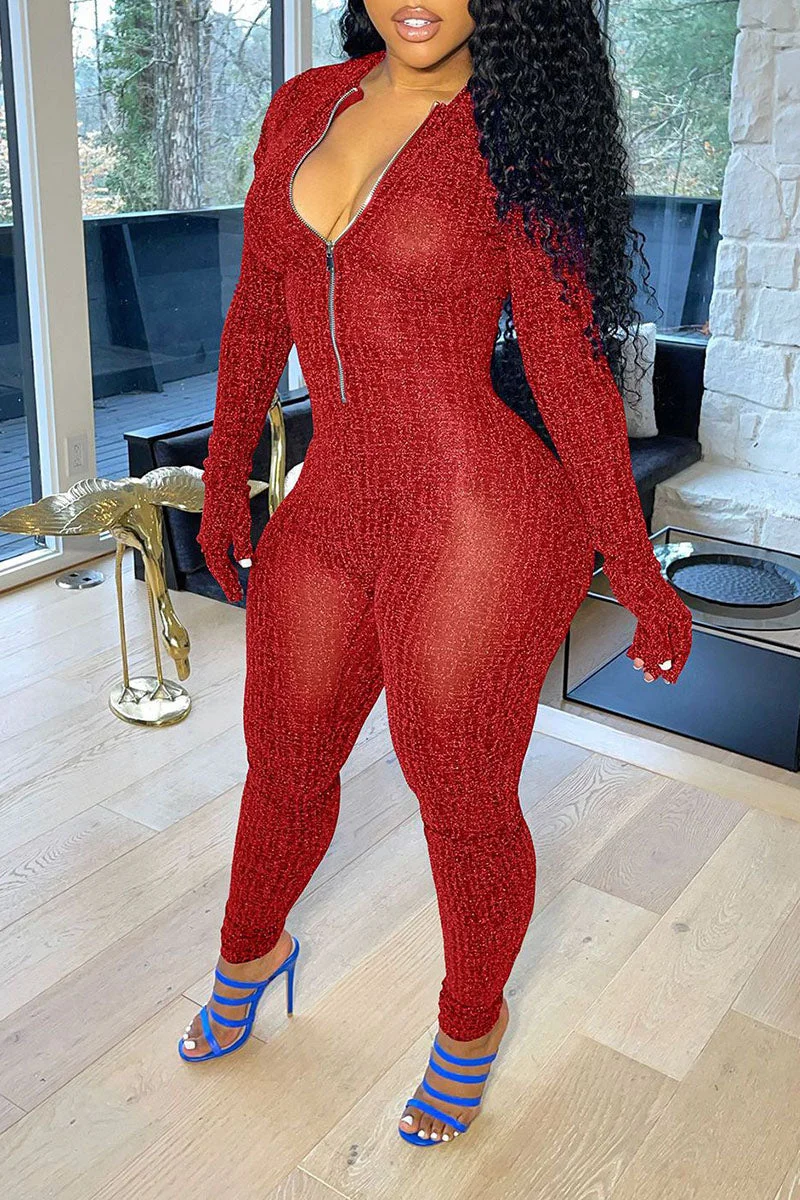 Sexy Solid Split Joint Zipper Collar Skinny Jumpsuits