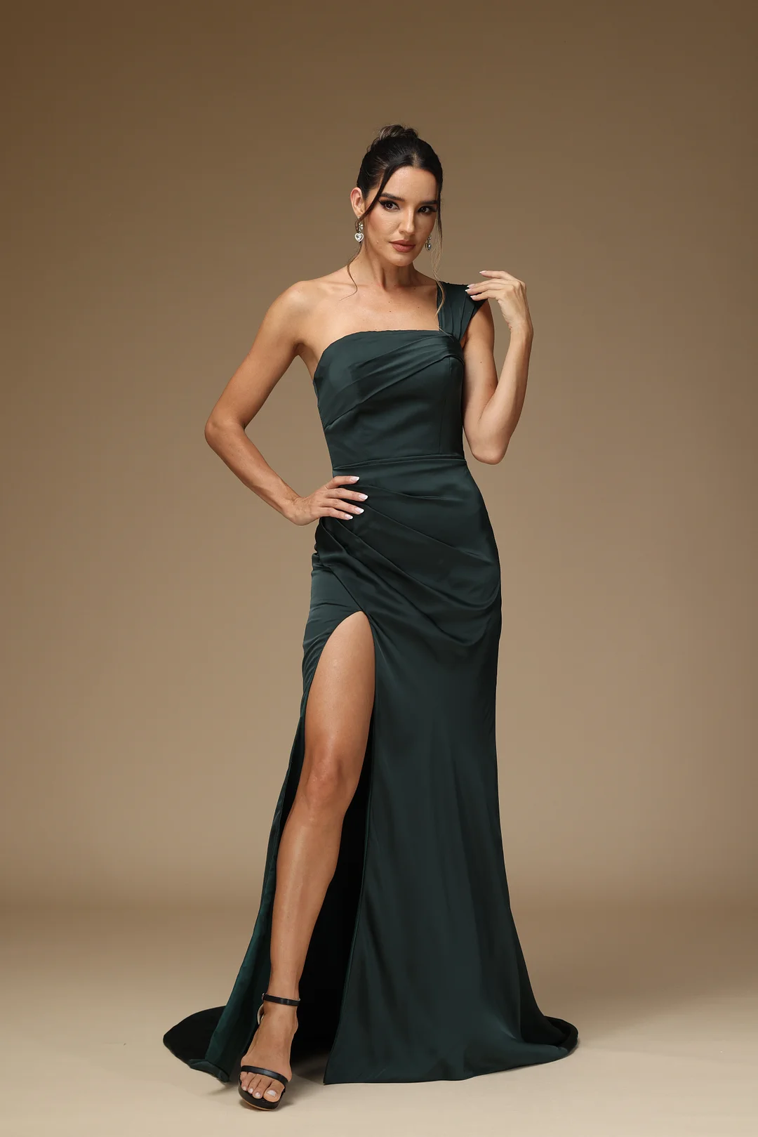 Okdais Dark Green Prom Dress One Shoulder Sleeveless Charmeuse With High Slit YX0031