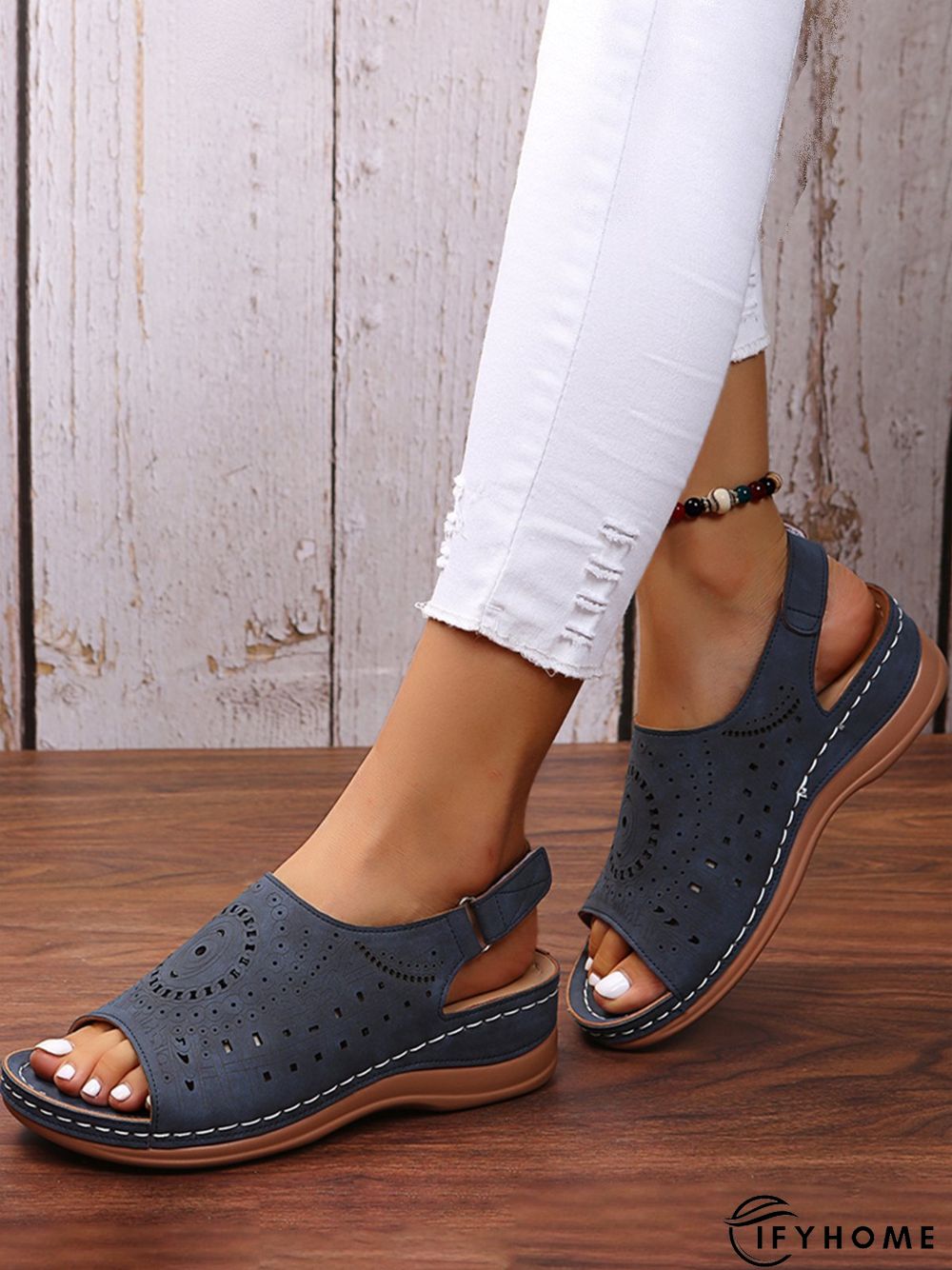 Ethnic Pattern Punched Hollow Velcro Vintage Sandals | IFYHOME