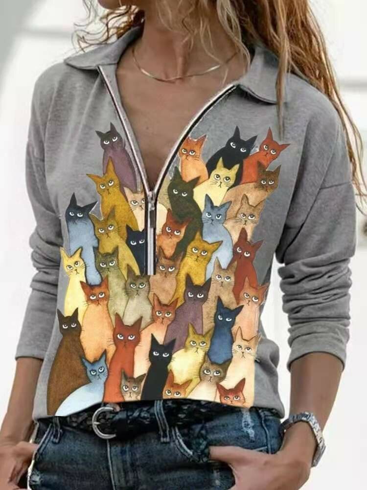 Cartoon Cat Print Zipper Long Sleeve Casual Shirt For Women P1769637