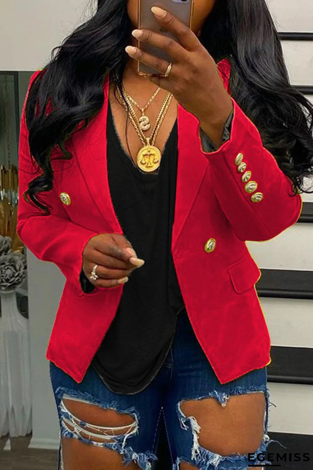 Red Fashion Casual Solid Pocket Buttons Turndown Collar Outerwear | EGEMISS