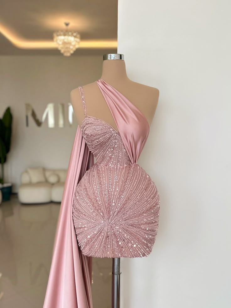Elegant Pink Asymmetric Beadings Mini Homecoming Dress With Train HC0152