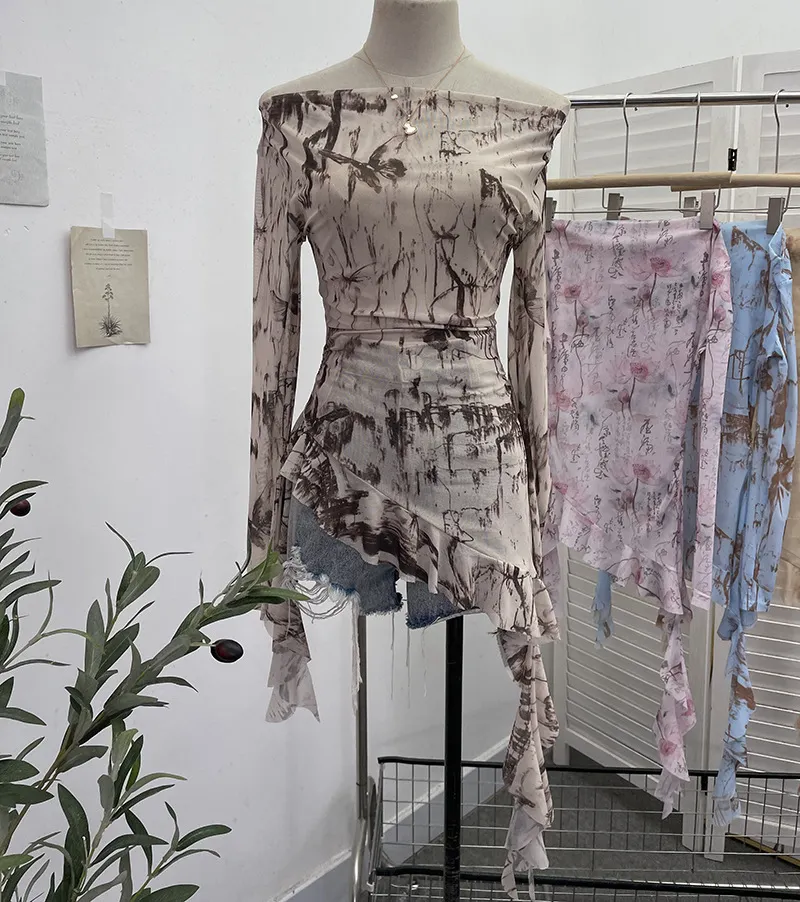 Brownm Purely Want A Word Shoulder Ink Print Tie-Dye Mesh Long-Sleeved Shirt Irregular Lotus Leaf Side Top 9936