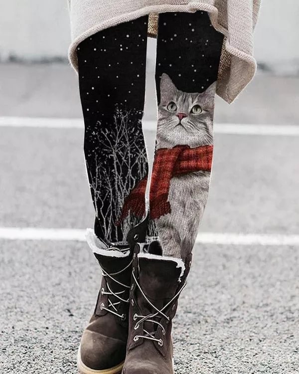 Retro cat print thermal integrated Leggings