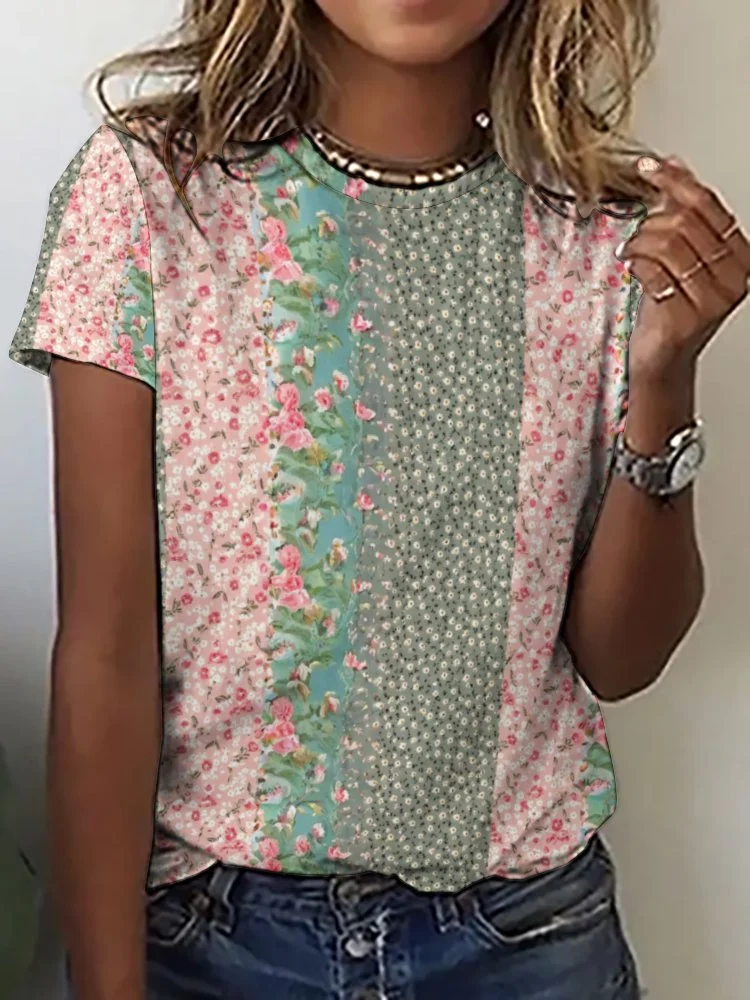 Printed Short Sleeve Casual T-shirt for  Women and Men Unisex Pattern Floral,Pink,Green,Stitch