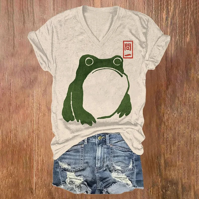 Women's Cute Frog Japanese Lino Art Painting Printed Casual T-Shirt