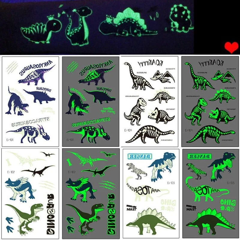 Luminous Kids Tattoo Stickers Cute Dinosaur Mermaid Glowing Stickers Temporary on Face Arm Leg for Child Body Art Birthday Party