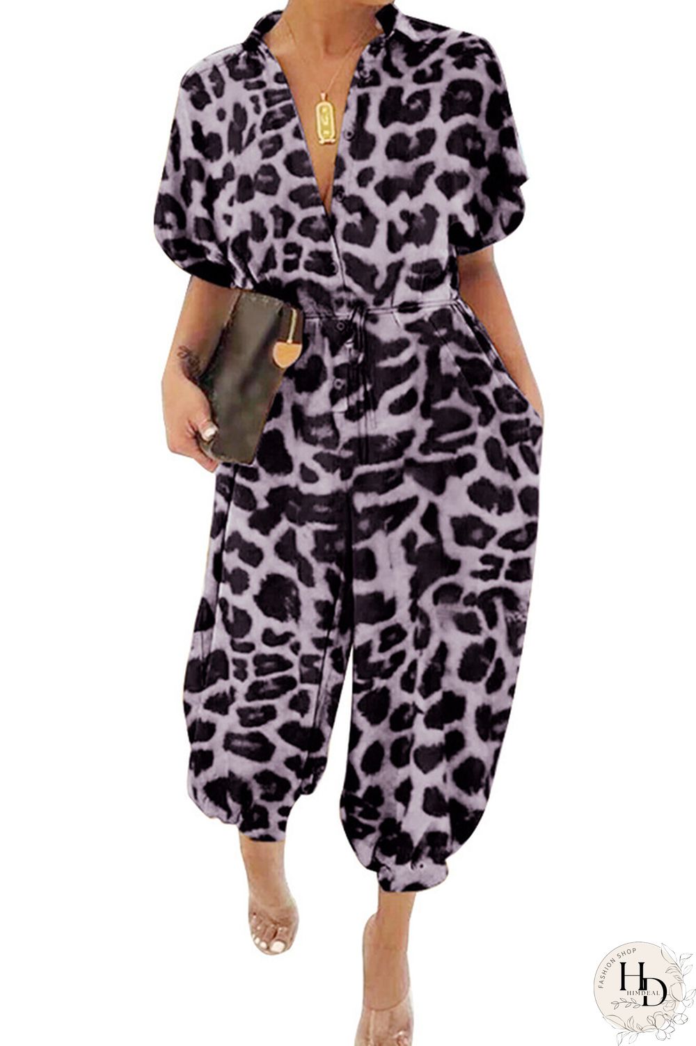 Yellow Sexy Leopard grain bandage Long Sleeve Turndown Collar Jumpsuits