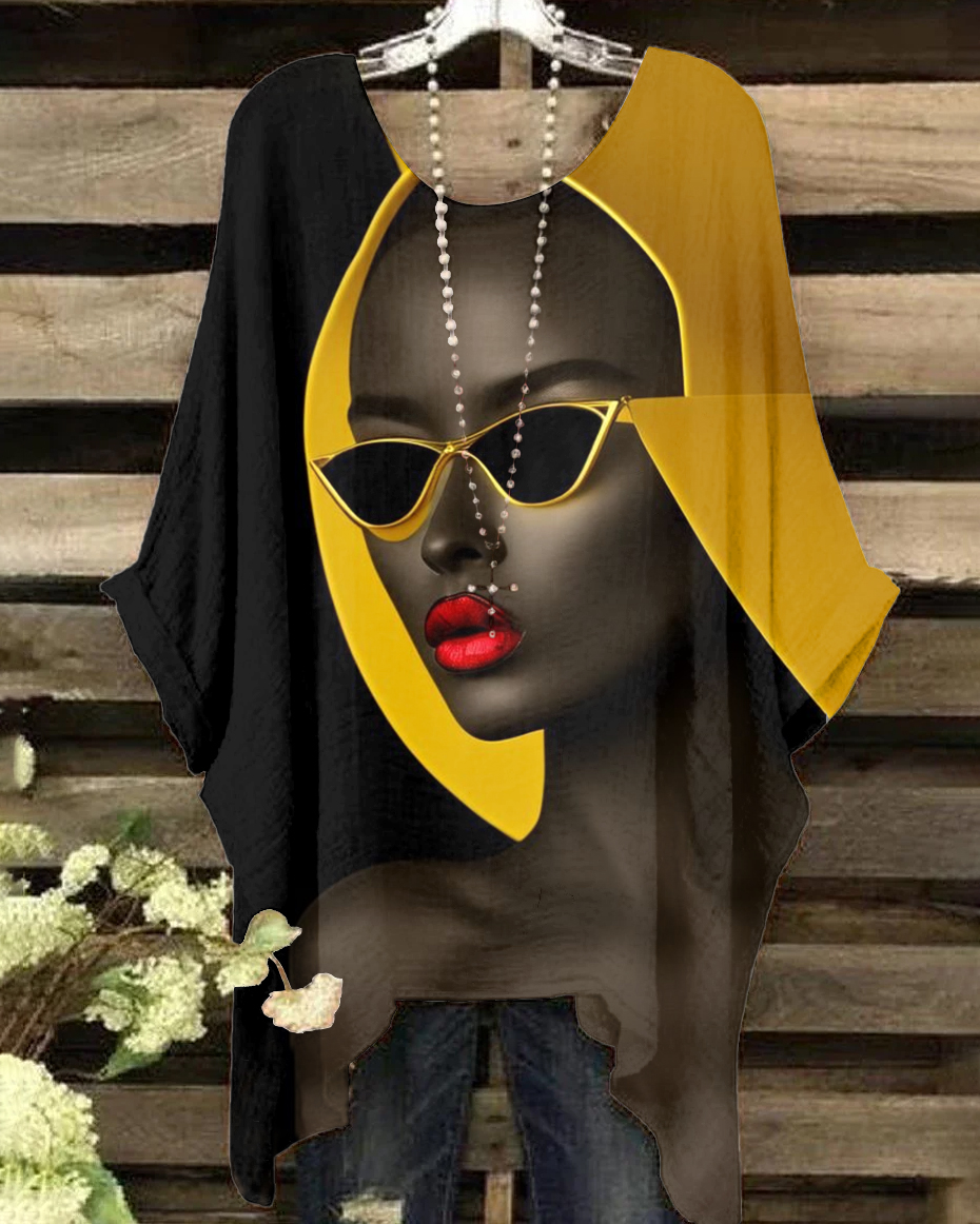 Artistic Sunglasses Girl Print Irregular Shirt