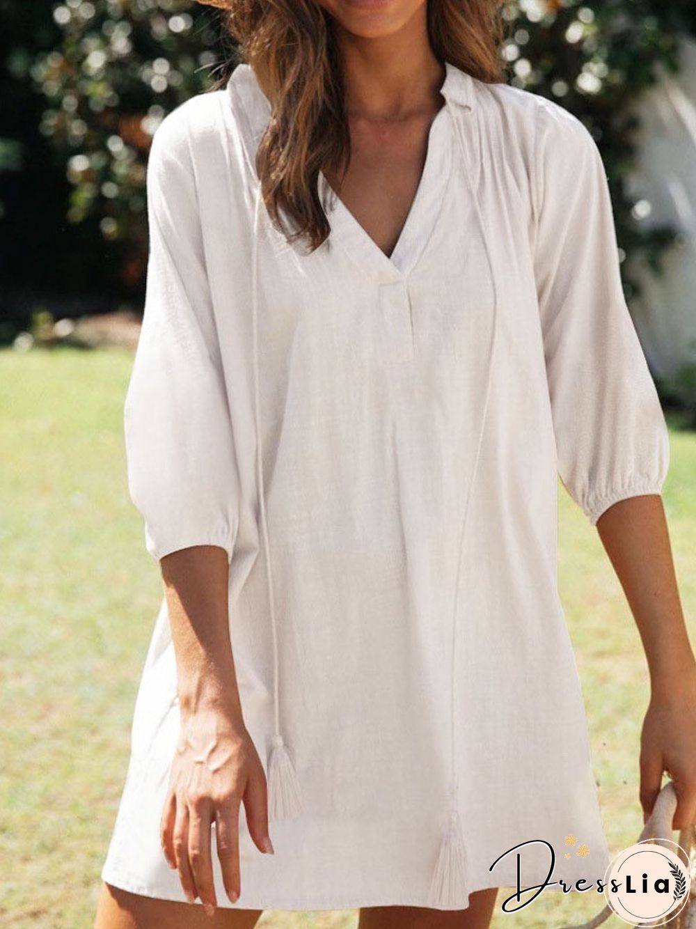 Cotton Blends Solid Short Sleeve Woven Dress