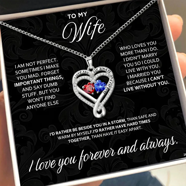For Wife - I Love You Forever & Always Customized Double Birthstones Diamond Hearts Necklace