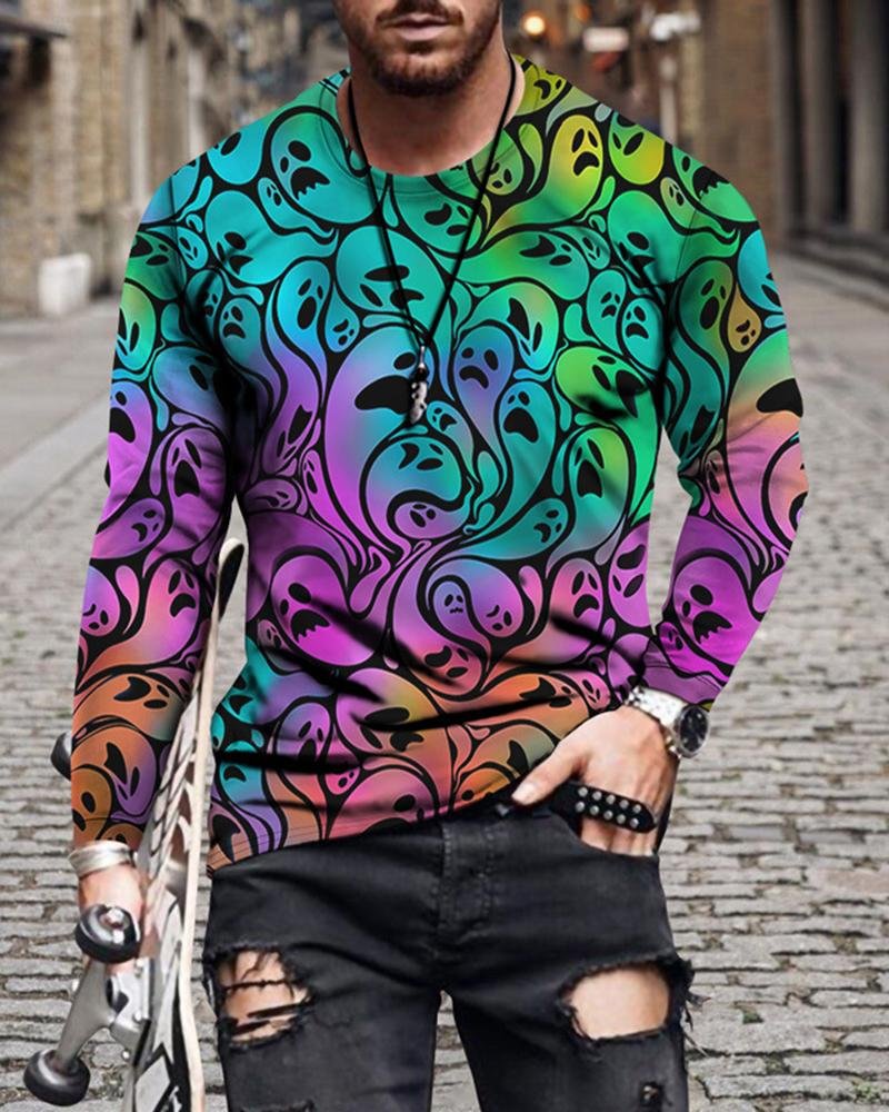 Men's abstract cartoon printed long-sleeved T-shirt