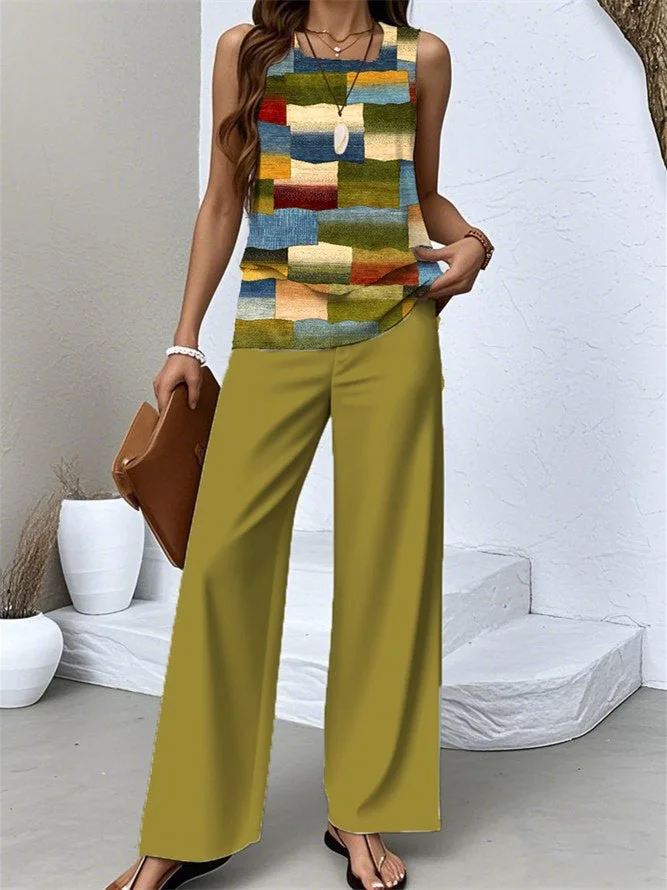 Women's Sleeveless Square Collar Graphic Printed Casual Set