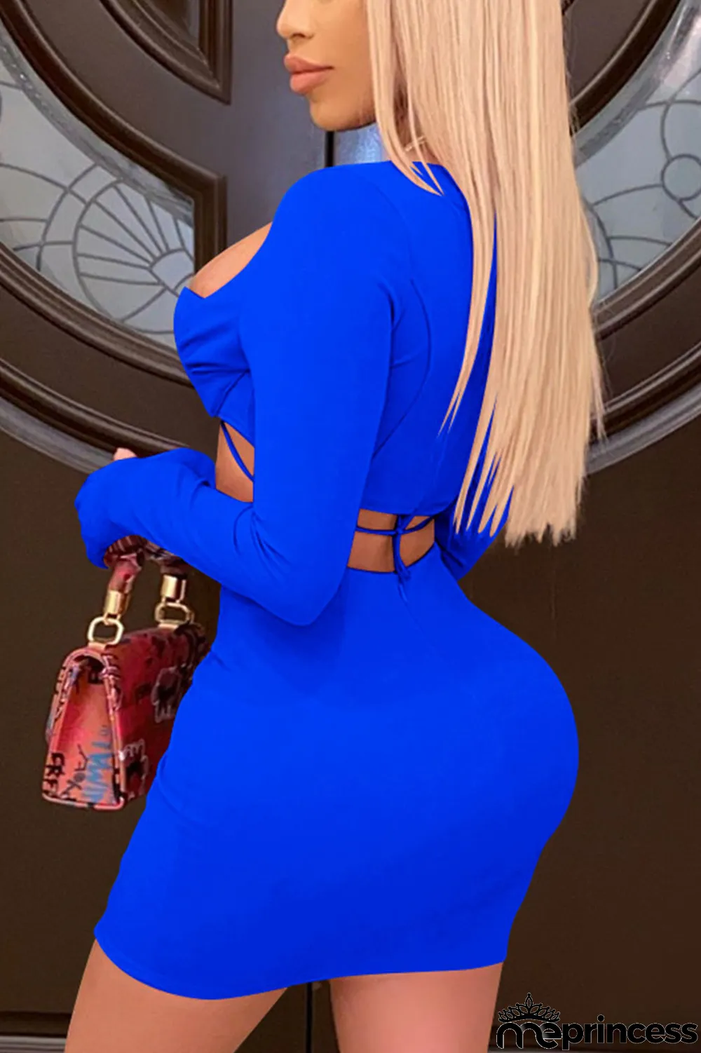 watermelon red Sexy Solid Split Joint U Neck Long Sleeve Two Pieces