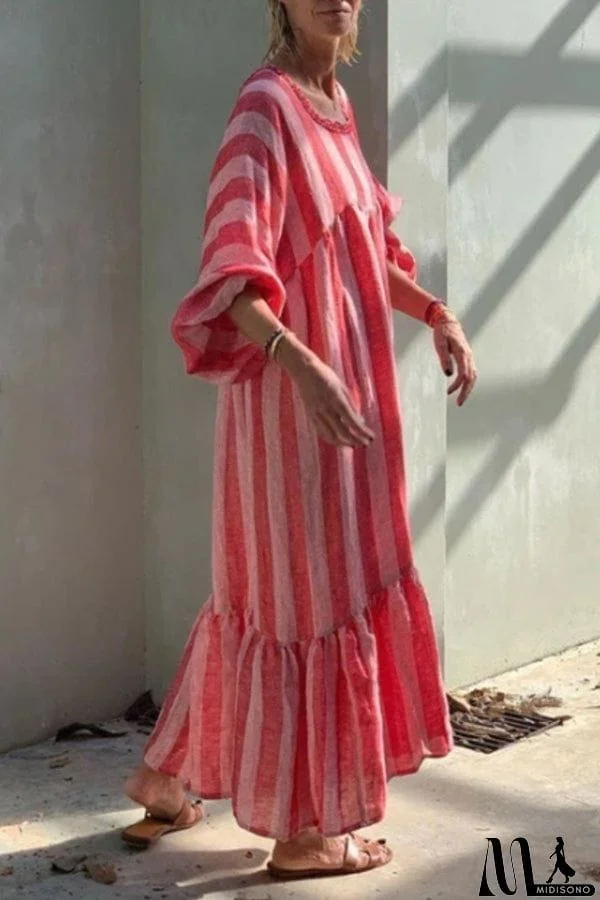 MidiSono - Stripe Square Neck Ruffles Maxi Dress