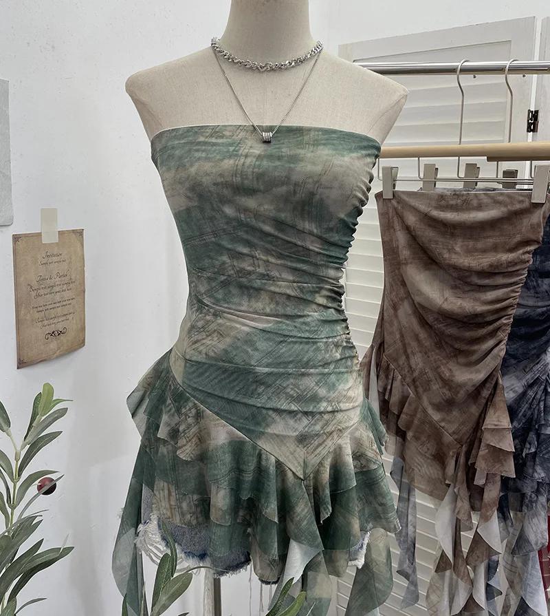 Nigikala Nigikala Shooting Hottie Sexy Shoulder Irregular Lotus Side Ribbon Bram Repair Print Sleeveless Top 1228