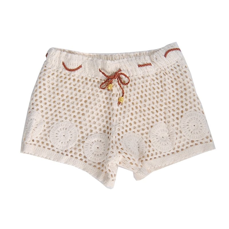 Aproms Solid Color Cotton Knitted Crochet Shorts Women Fashion 2022 Summer Elastic Drawstring Waist Shorts Beachwear Bottoms