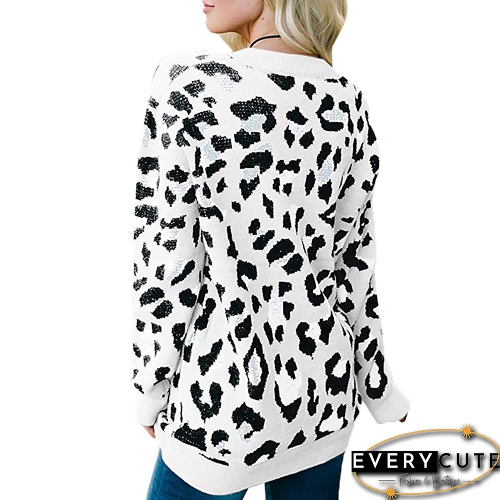 White Leopard Print V Neck Pullover Sweater