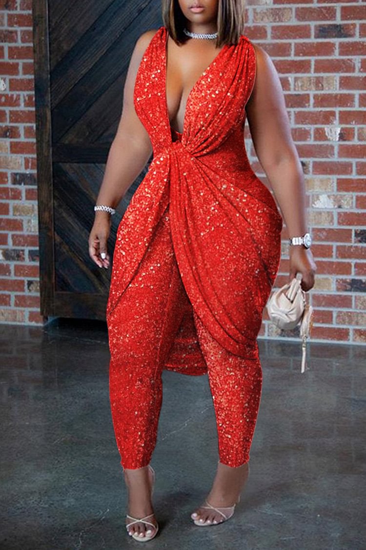 Xpluswear Plus Size Red Party Sequin Draping Sleeveless Leggings Pants Jumpsuits 
