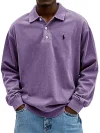 Men's Retro Washed Distressed Cotton Lapel Long Sleeve Polo Shirt