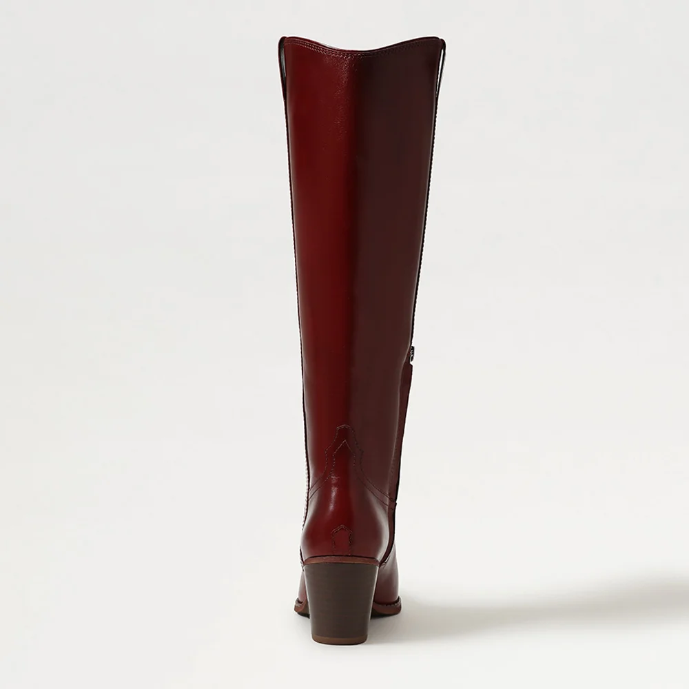 Women's Maroon Mid Block Heel Pointed Toe Western Boots with Zipper