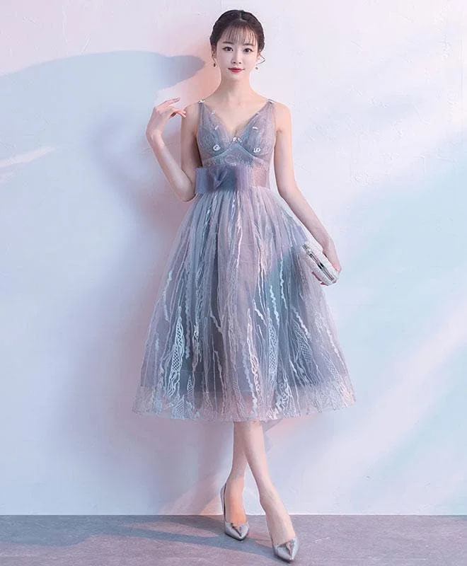 Gray V Neck Tulle Lace Short Prom Dress, Gray Homecoming Dress