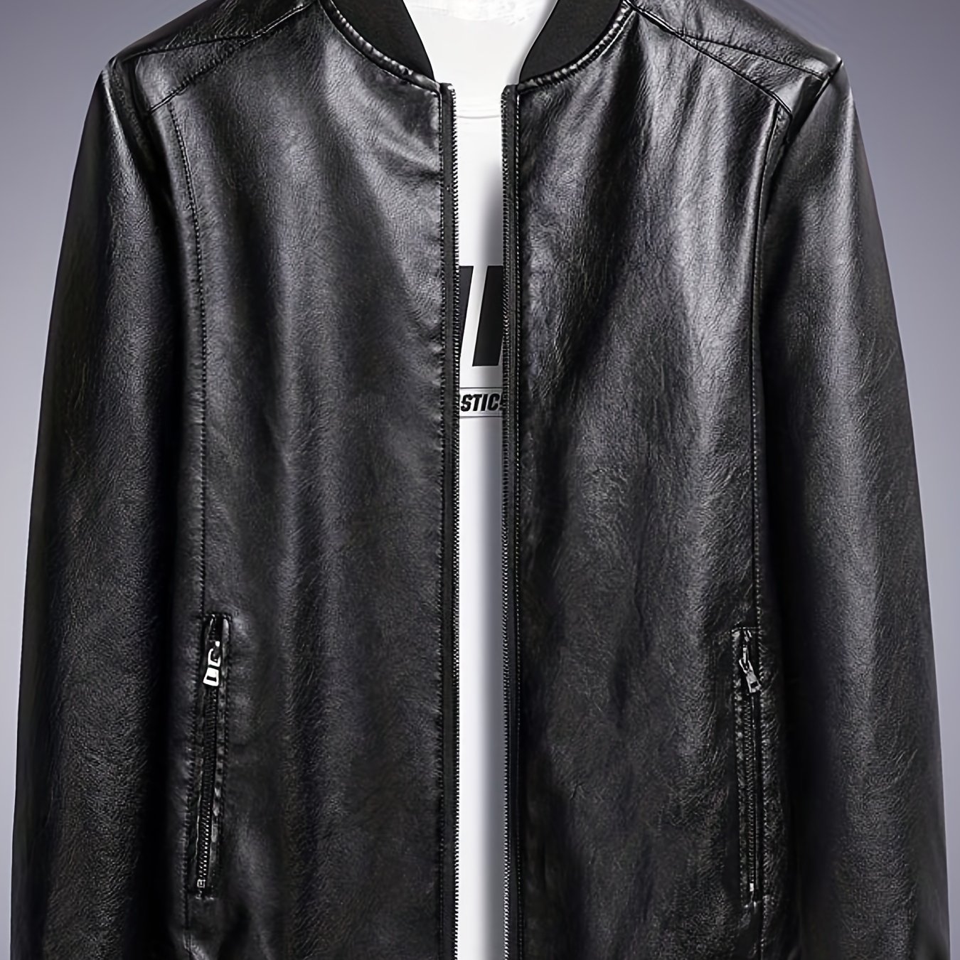 shining Pu Bomber Jacket, Men's Casual Letterman Collar Zip Up Faux Leather Jacket For Spring Fall Outdoor