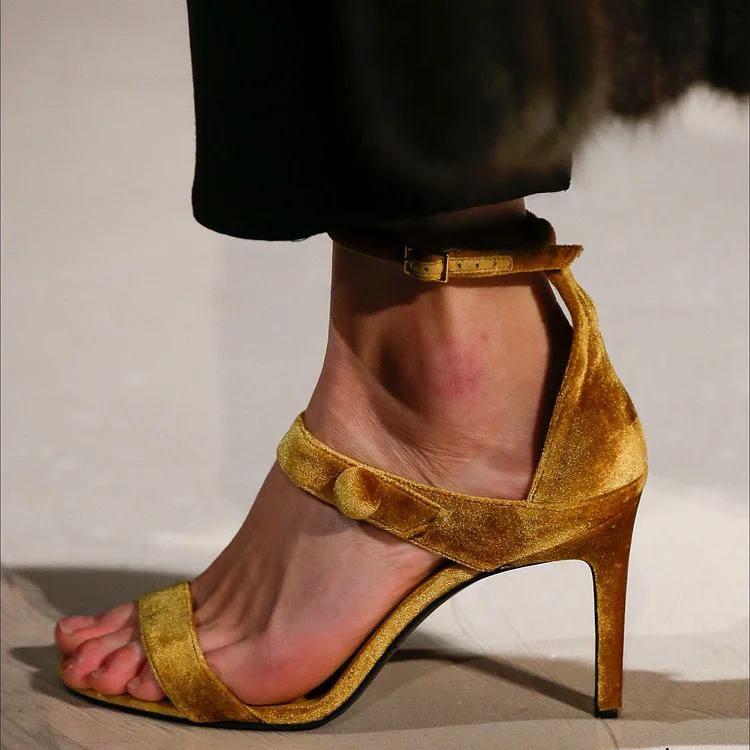 Gold Velvet Button Stiletto Heels Sandals Buckle Ankle Strap Sandals |FSJ Shoes