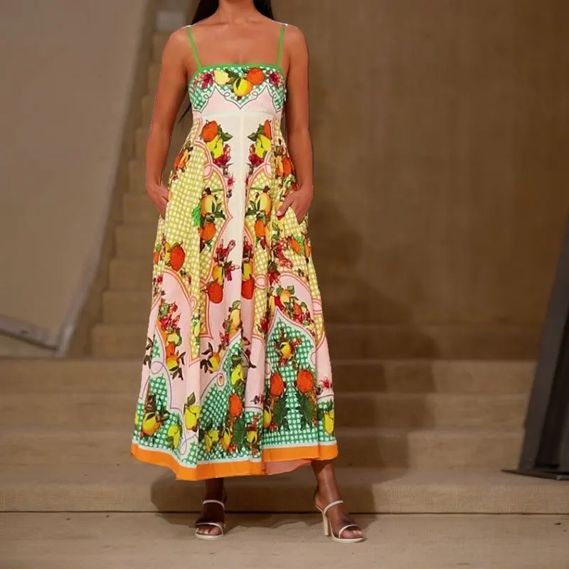 Boho Floral Linen Maxi Dress for Women 9 Colors Summer Spaghetti Strap Style