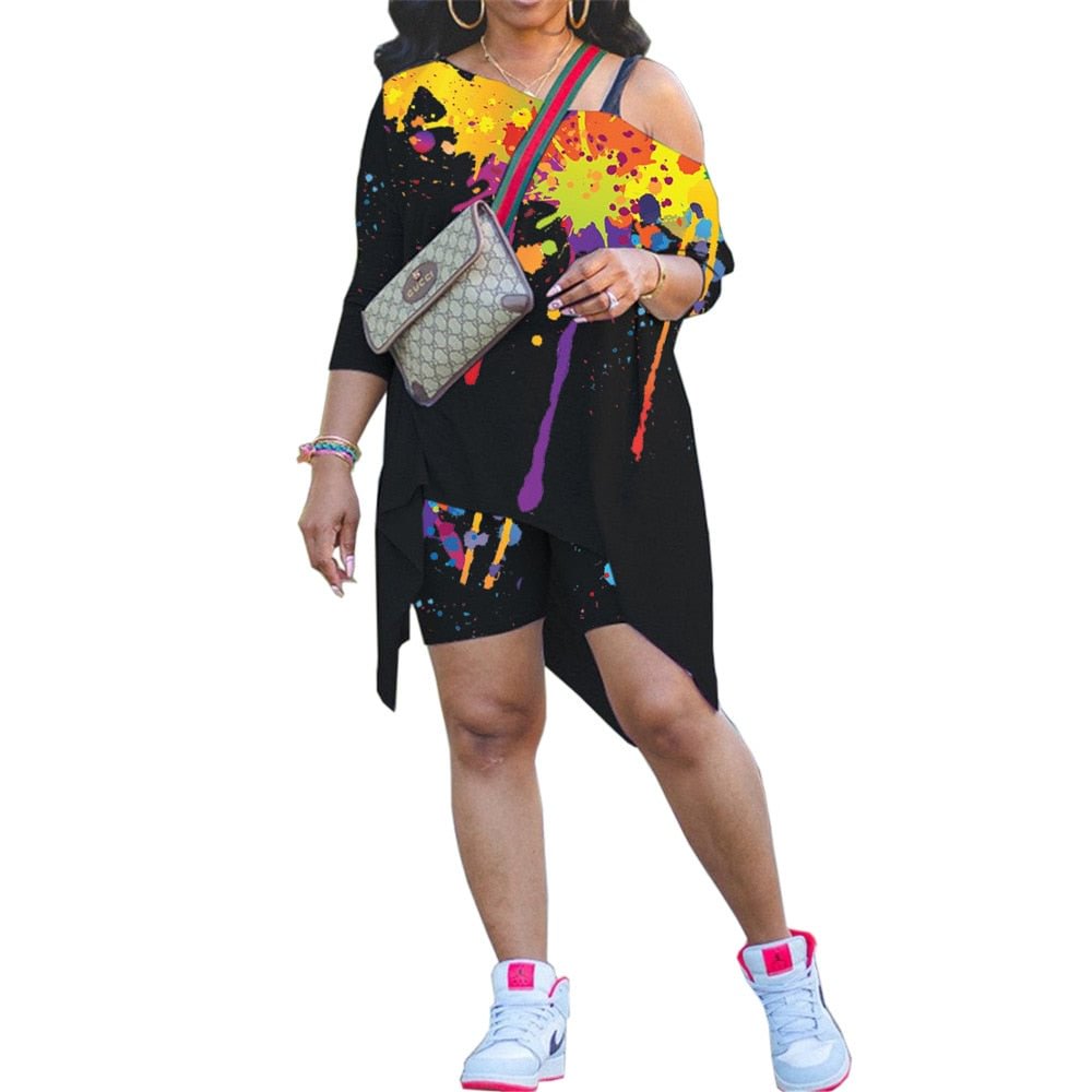 CM.YAYA Summer Loose Sets Women Three Quarter Sleeve Skew Collar Long T-shirts Sheath Elastic Short Pants 2 Piece Set Streetwear