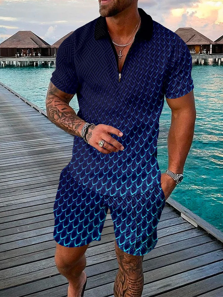 Men's Casual Blue Printed Zip Polo Shirt and Shorts Two-Piece Suits